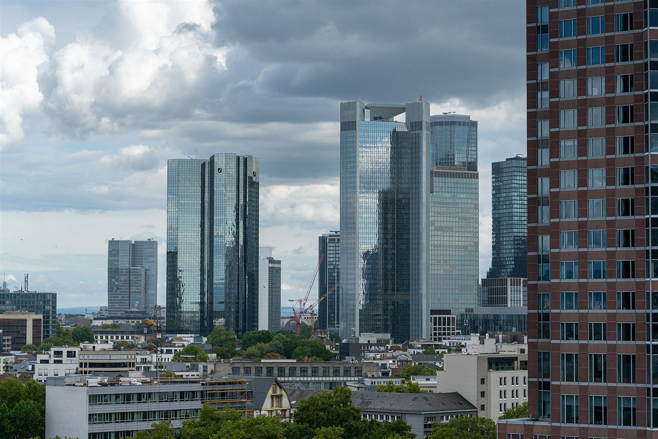 Frankfurt banking skyline with the Deutsche Bank twin towers in Germany