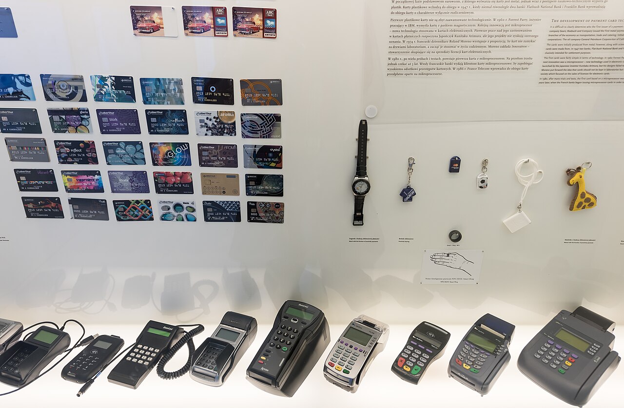Payment cards and point-of-sale terminals on display
